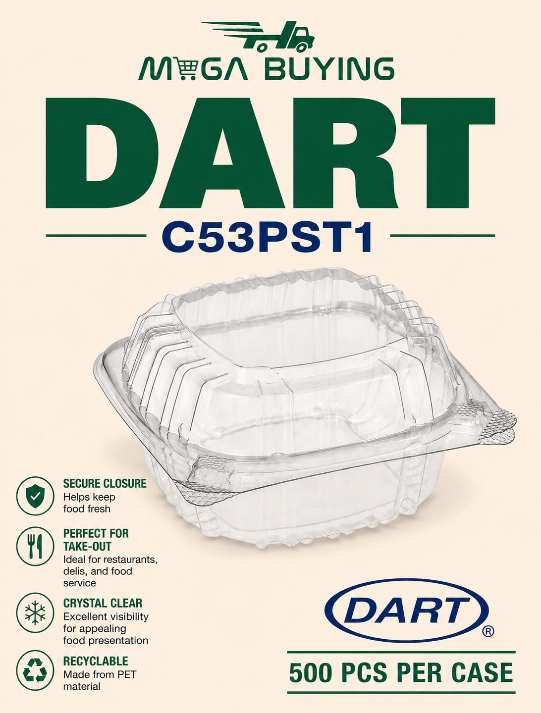 DART C53PST1 - 5x5 Hinged Clear Container 500 pcs/case