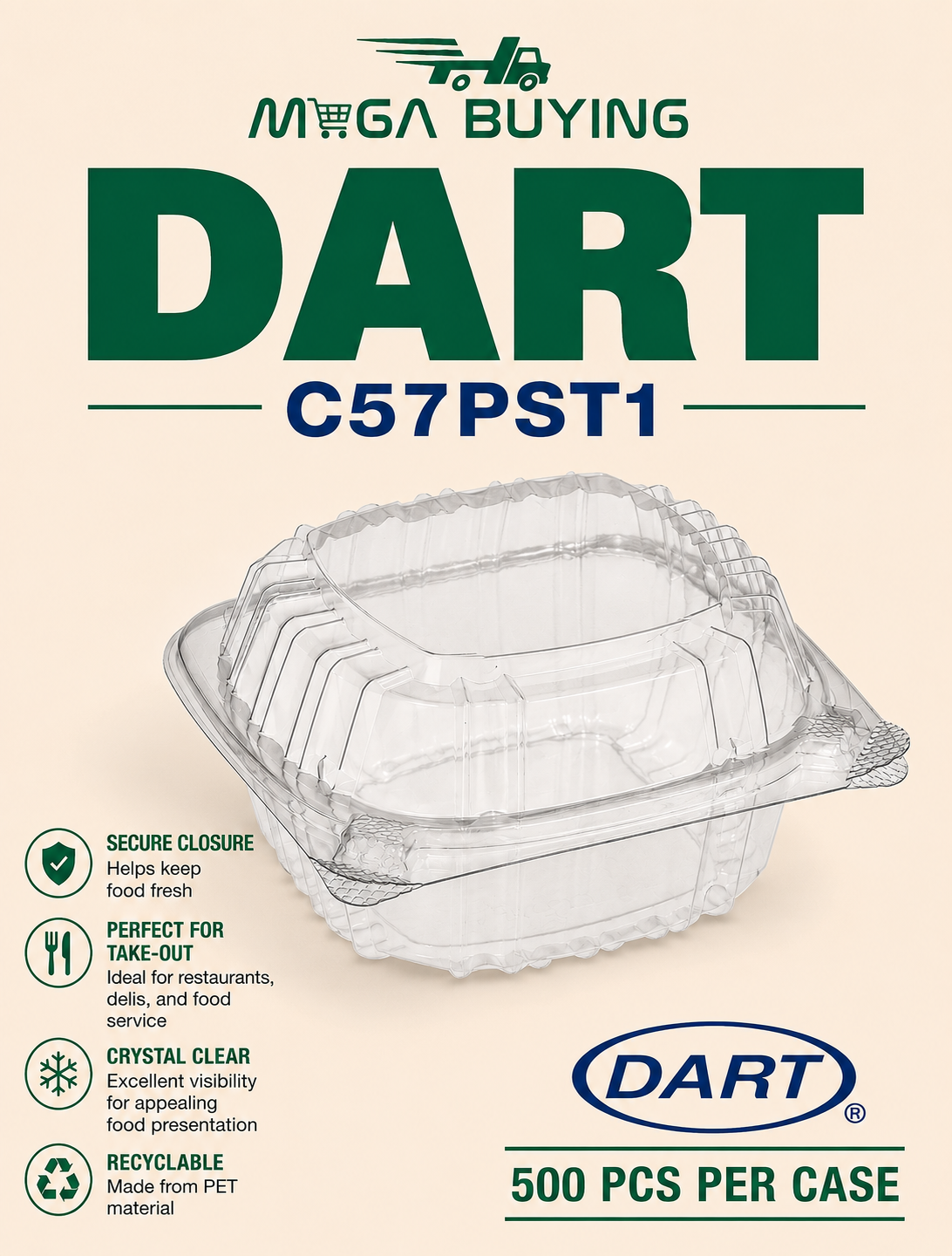 DART C57PST1 - 6x6 Hinged Clear Container 500 pcs/case