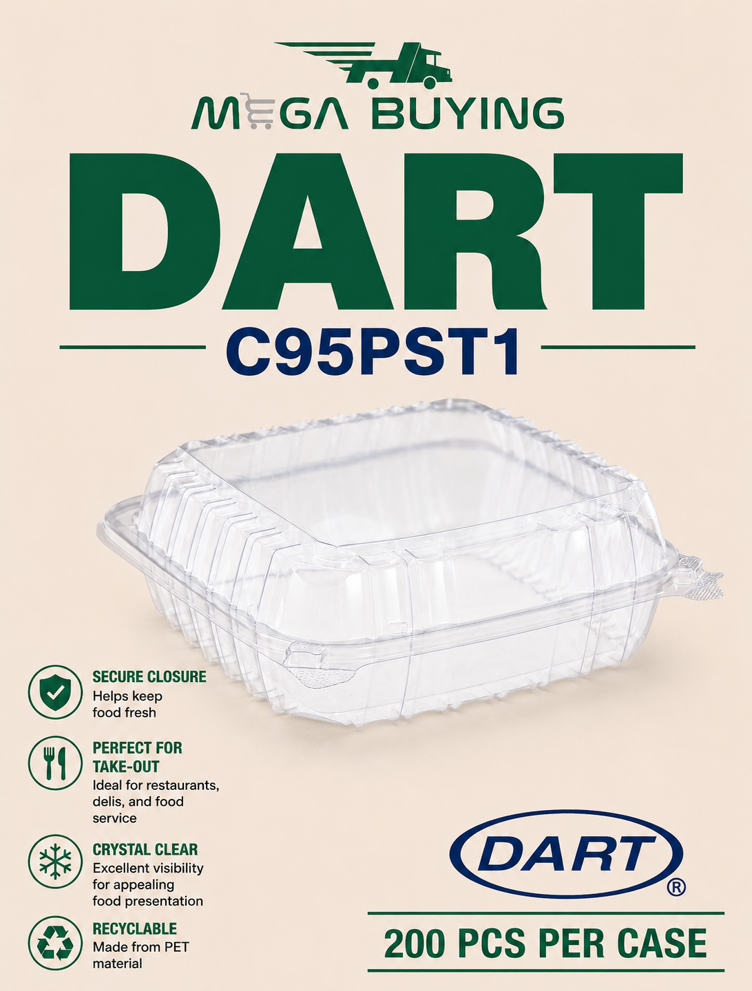 DART C95PST1 - 9x9x3 Hinged Clear Container - 200 pcs/case