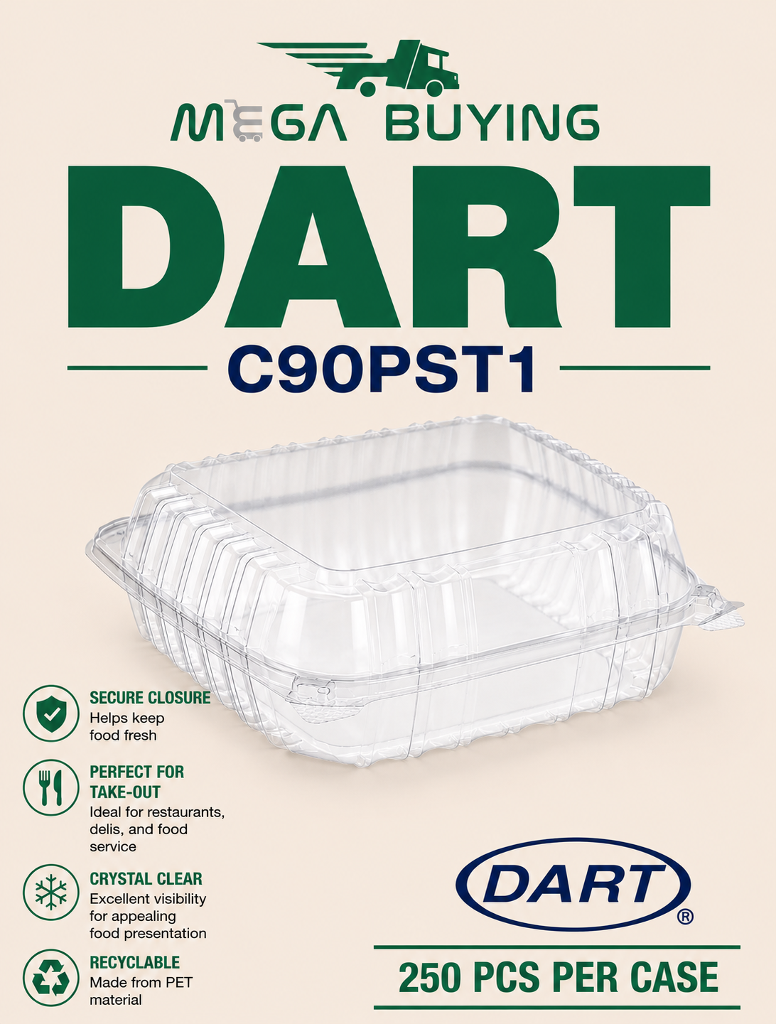 DART C90PST1 - 8x8x3 Hinged Clear Container - 250 pcs/case