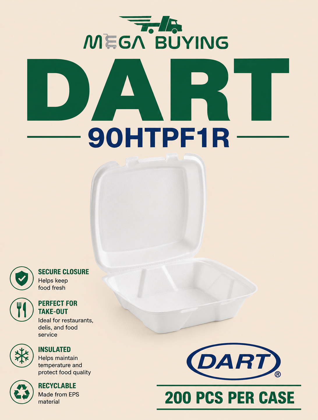 DART 90HTPF1R - 9x9x3 White Foam Hinged Lid Containers 200 pcs/case