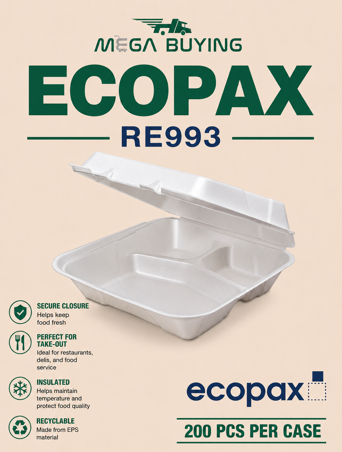 ECOPAX RE993 - White 9x9x3 3 Compartment Foam Container 200 pcs/case