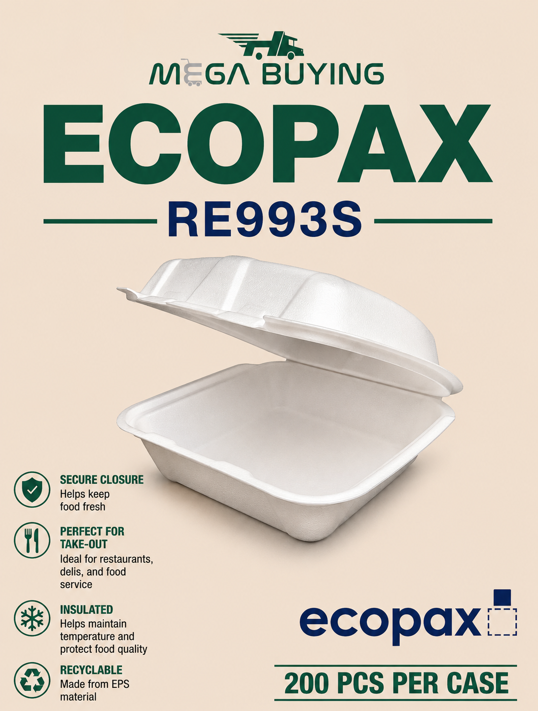 ECOPAX RE993s - White 9x9x3 1 Compartment Foam Container 200 pcs/case