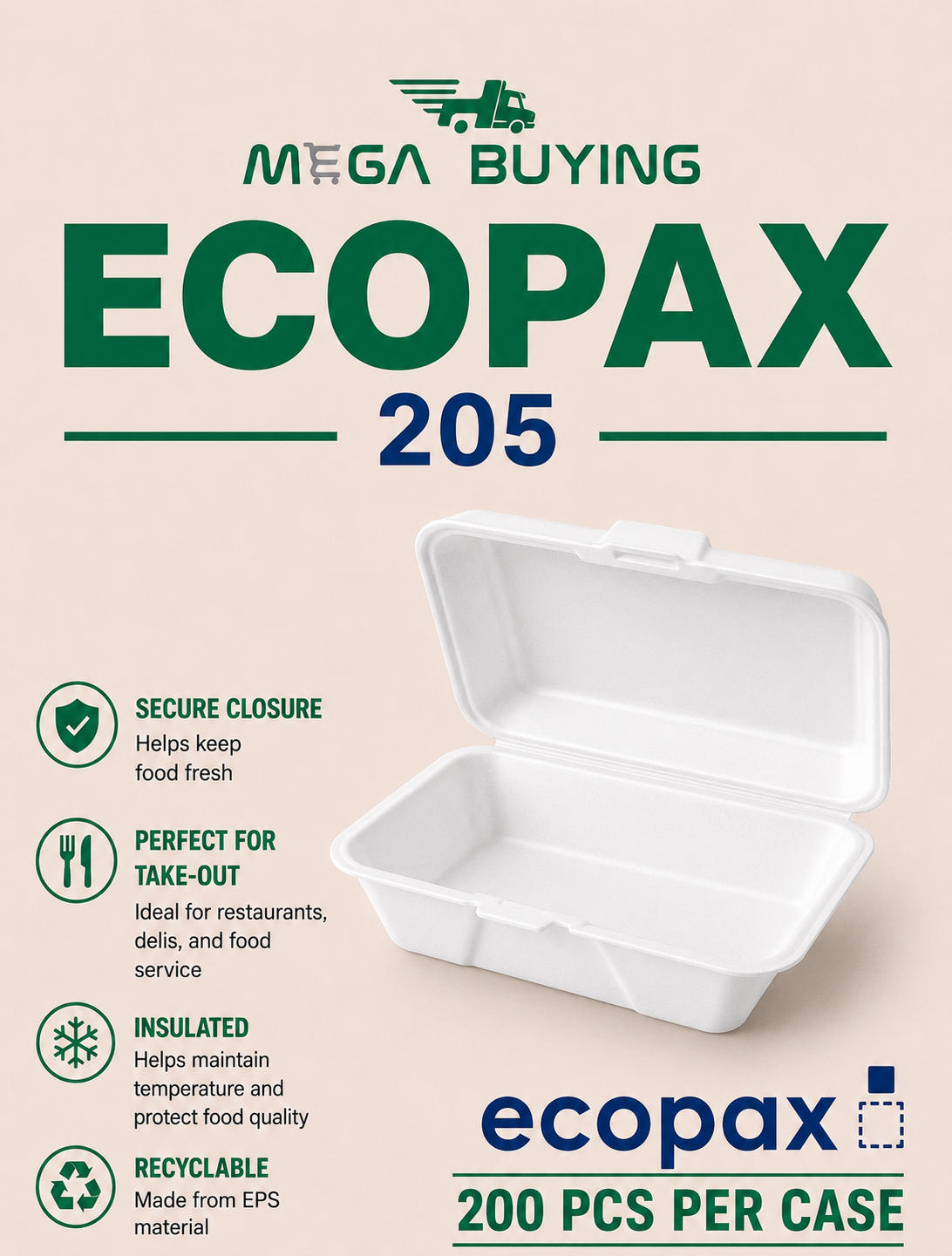 ECOPAX 205 - White 9x6x3 Foam Container 200 pcs/case