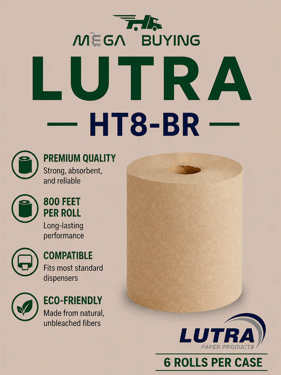 Hand Towel 8' - Brown - 800ft/roll - 6 rolls/case