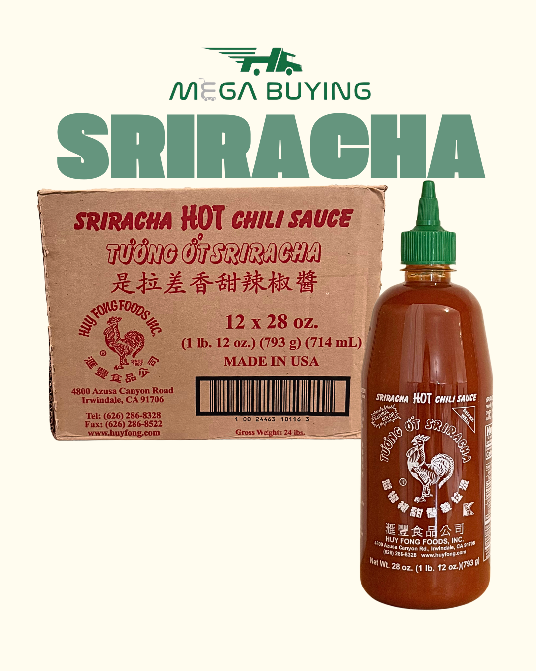 Huy Fong Siracha Chili Sauce - 28oz x 12 bottles/case