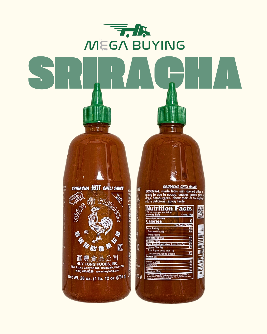 Huy Fong Siracha Chili Sauce - 28oz x 12 bottles/case