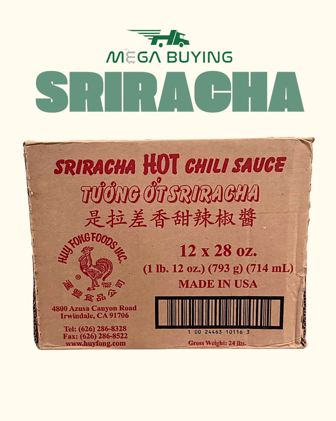 Huy Fong Siracha Chili Sauce - 28oz x 12 bottles/case