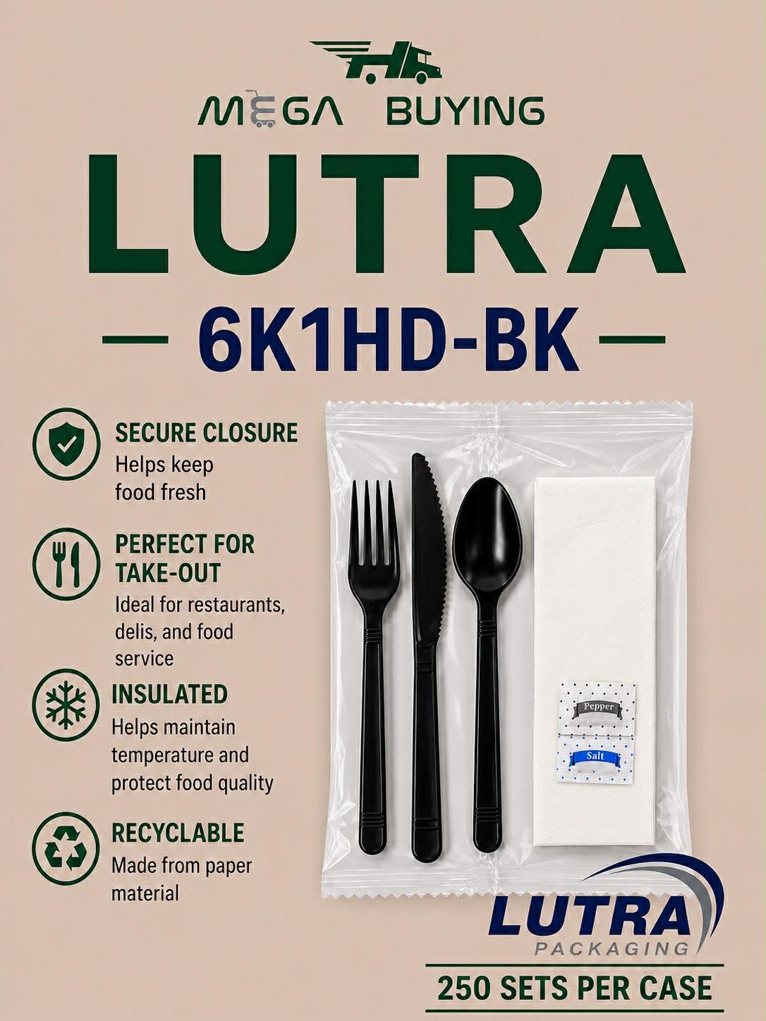 6K1HD-BK - 6in1 HD Black Cutlery Kit 250 Sets/case