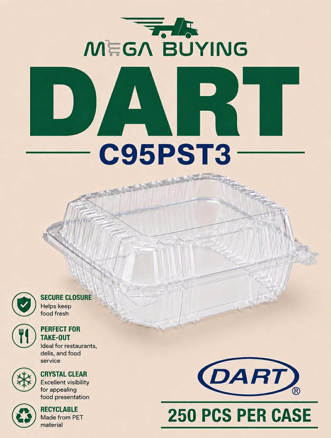 DART C95PST3 - 9x9x3 Hinged Clear Container 3 Compartment - 250 pcs/case