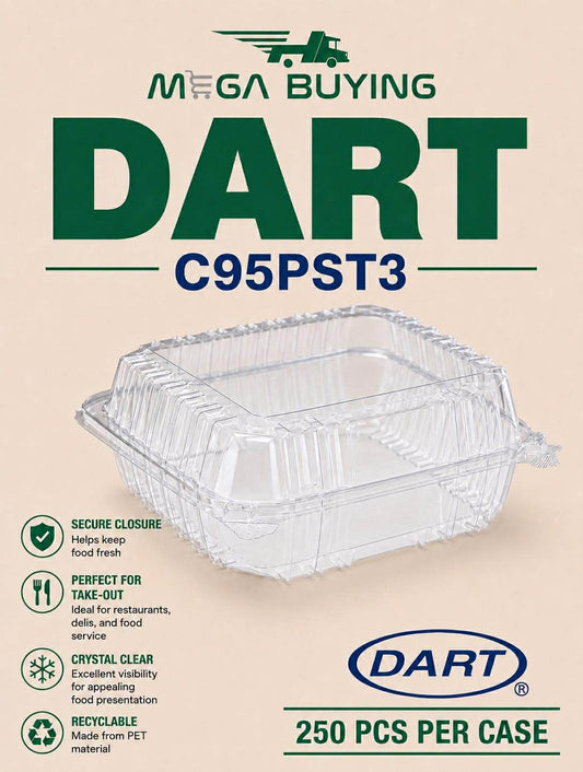 DART C95PST3 - 9x9x3 Hinged Clear Container 3 Compartment - 250 pcs/case