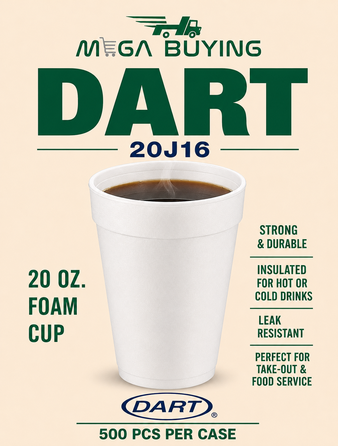 DART 20J16 - 20oz Foam Cup 500pcs/case