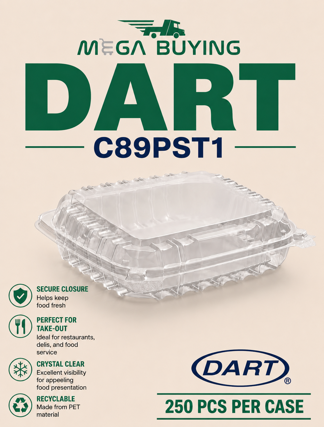 DART C89PST1 - 8x8x2 Hinged Clear Container - 250 pcs/case