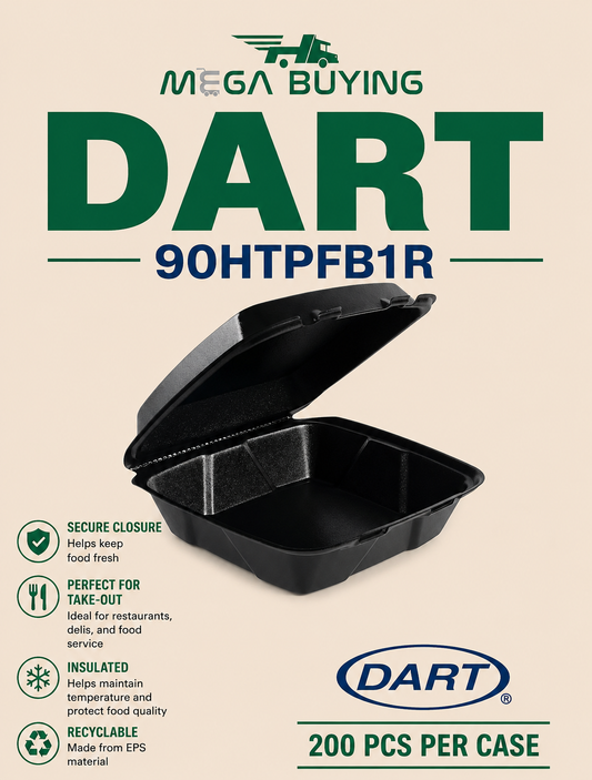 DART 90HTPFB1R - 9x9x3 Black Foam Hinged Lid Containers 200 pcs/case
