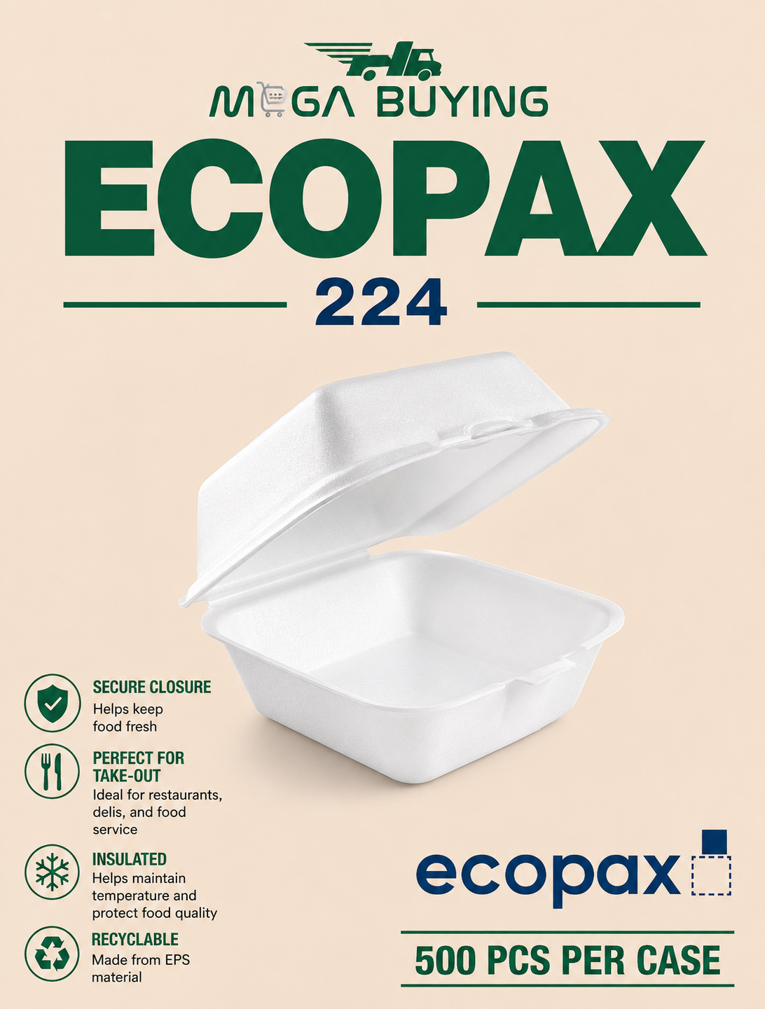 ECOPAX 224 - White 5x5x3 Foam Container 500 pcs/case