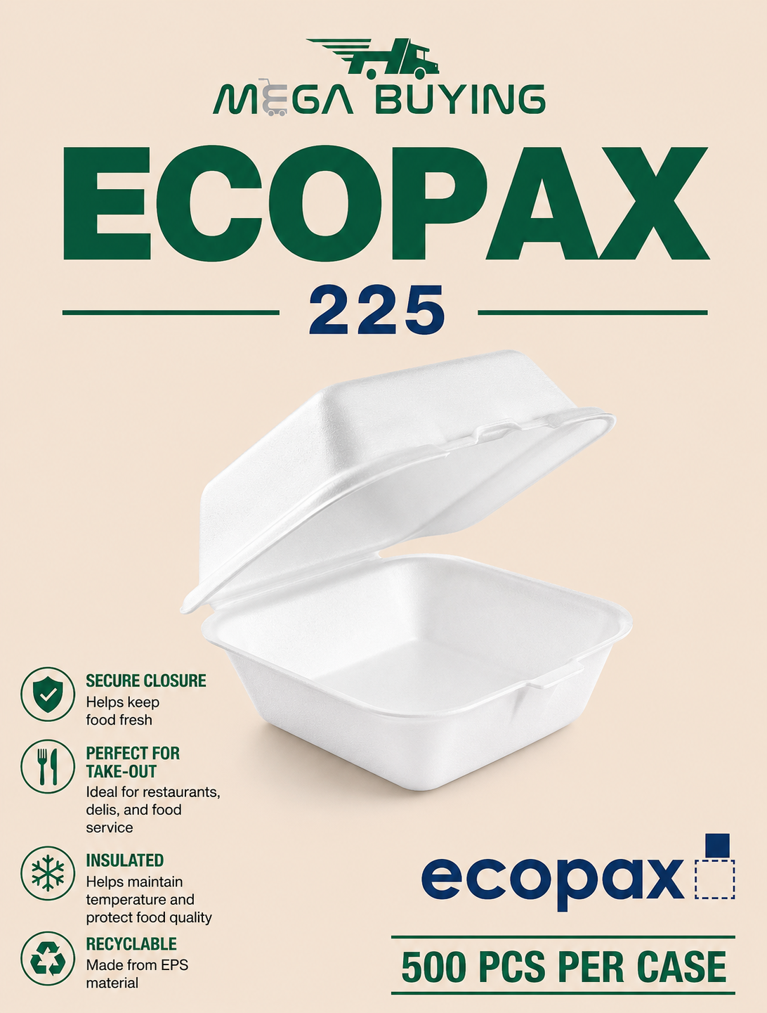 ECOPAX 225 - White 6x6x3 Foam Container 500 pcs/case