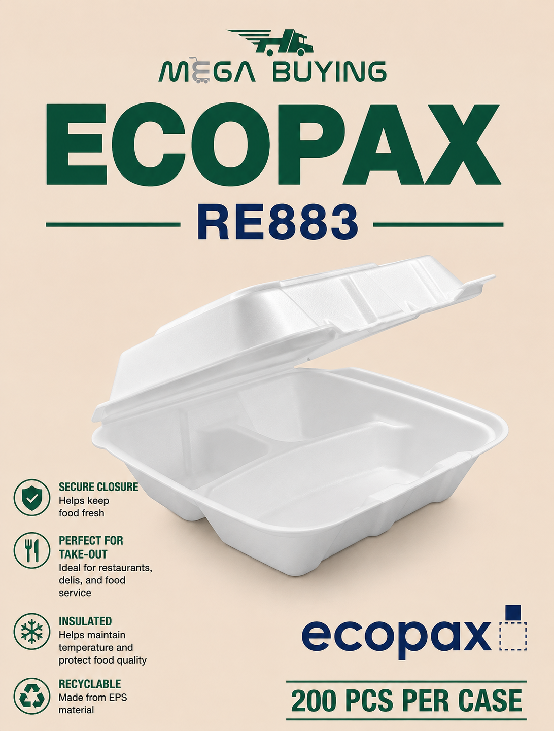 ECOPAX RE883 - White 8x8x3 3 Compartment Foam Container 200 pcs/case