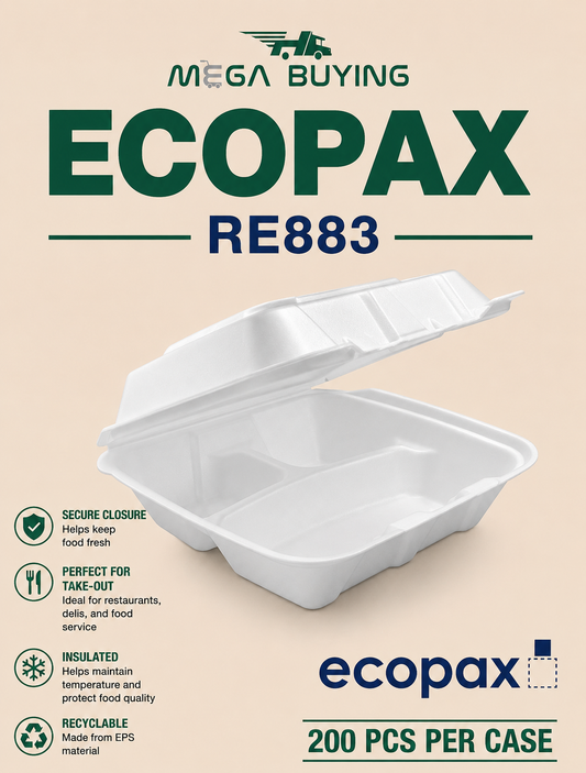 ECOPAX RE883 - White 8x8x3 3 Compartment Foam Container 200 pcs/case