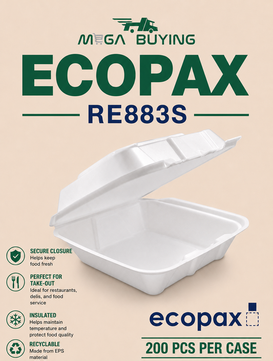 ECOPAX RE883s - White 8x8x3  1 Compartment Foam Container 200 pcs/case