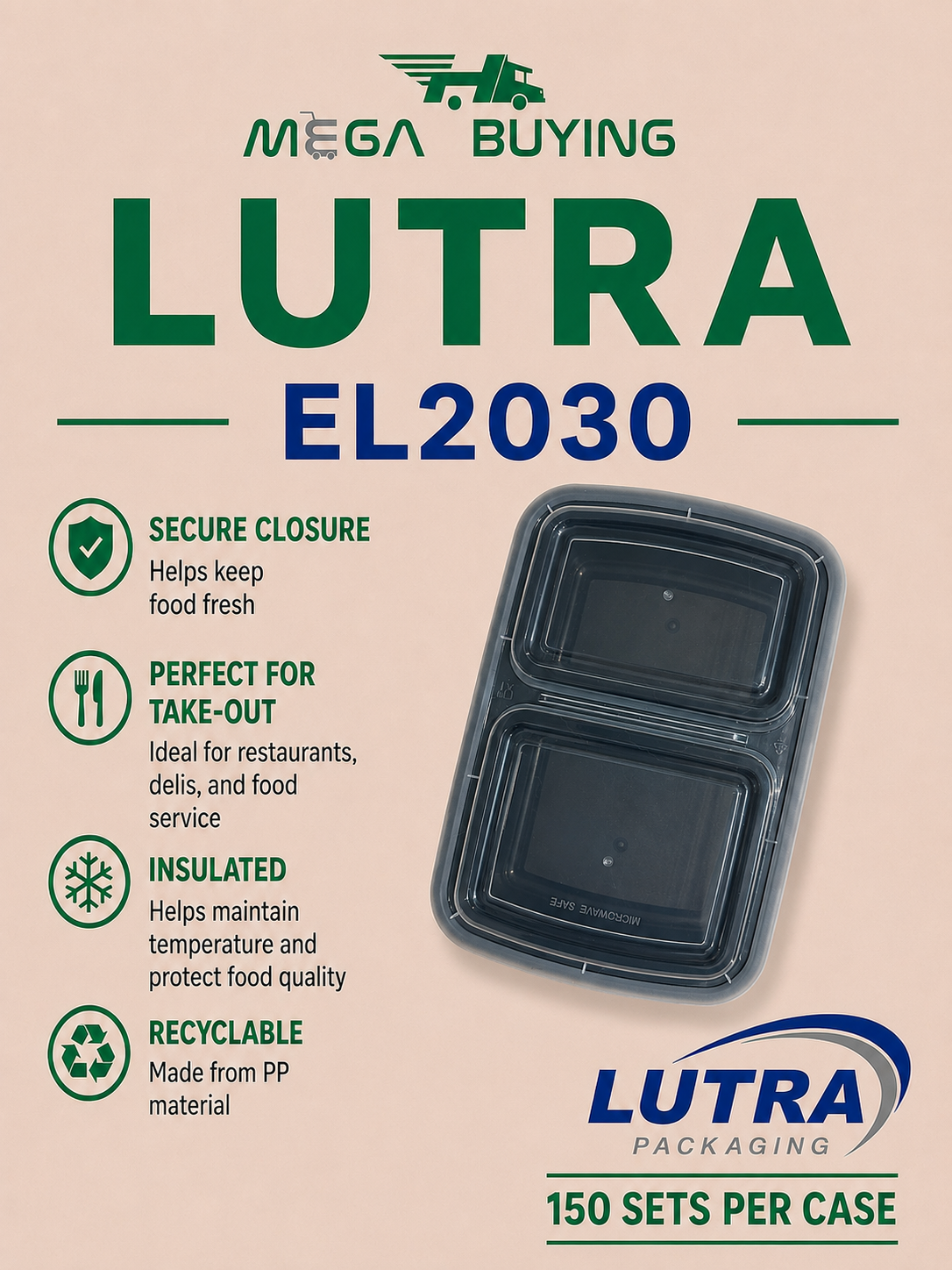 EL2030 (30oz) - Rectangular Black 2 Compartments Container 150 sets/case