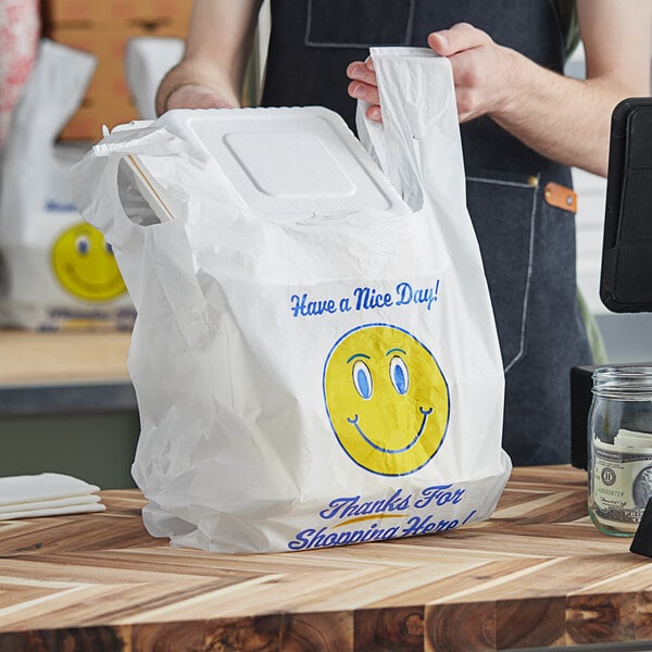 HF 1/6 HD - 1/6 Happy Face Heavy Duty Plastic T-Shirt Bags - 500pcs/case